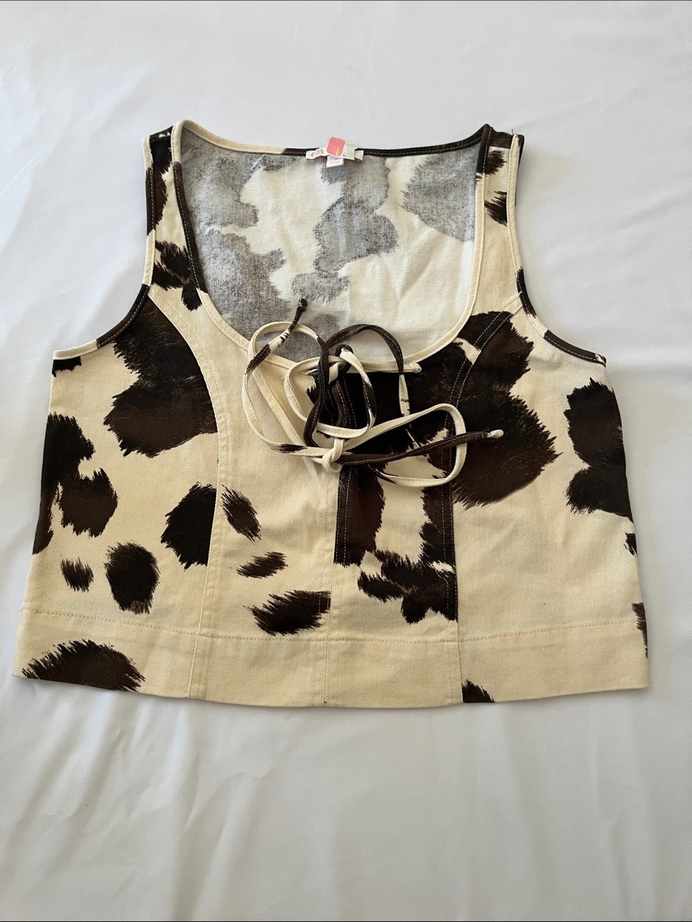 GB girls Cowprint Lace-Up Crop Tank Top - Cream & Brown